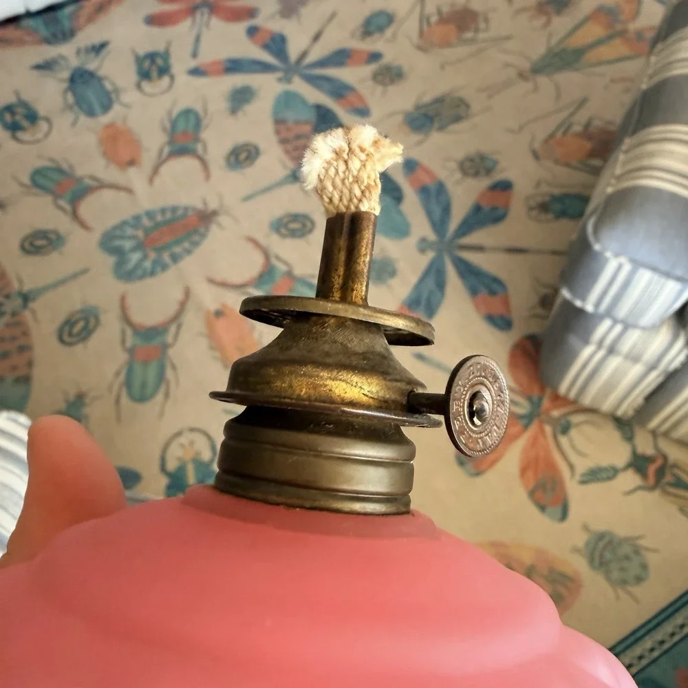 Antique Pink Diamond Miniature Kerosene Oil Lamp Clear Shade Brass Pat 1877 9.5